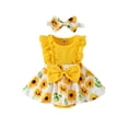 thumbnail image 1 of VOLTEY Infant Baby Girls Summer Romper Outfit, Flower Print Lace Sleeveless Round Neck Front Bowknot Romper + Headband for Toddler Girls, 0-18 Months, 1 of 9