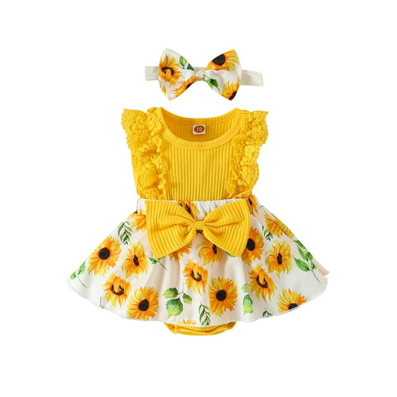 VOLTEY Infant Baby Girls Summer Romper Outfit, Flower Print Lace Sleeveless Round Neck Front Bowknot Romper + Headband for Toddler Girls, 0-18 Months