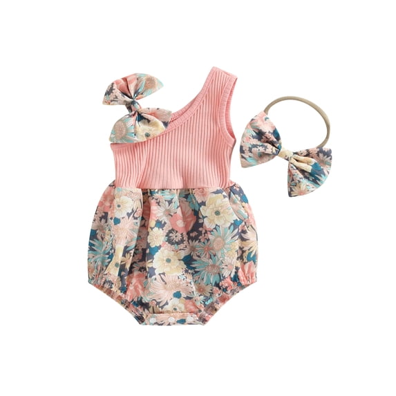 VOLTEY Toddler Infant Baby Girls Summer Romper 0 3 6 12 18 Months Floral One Shoulder Romper and Stretch Headband Cute Clothes Set