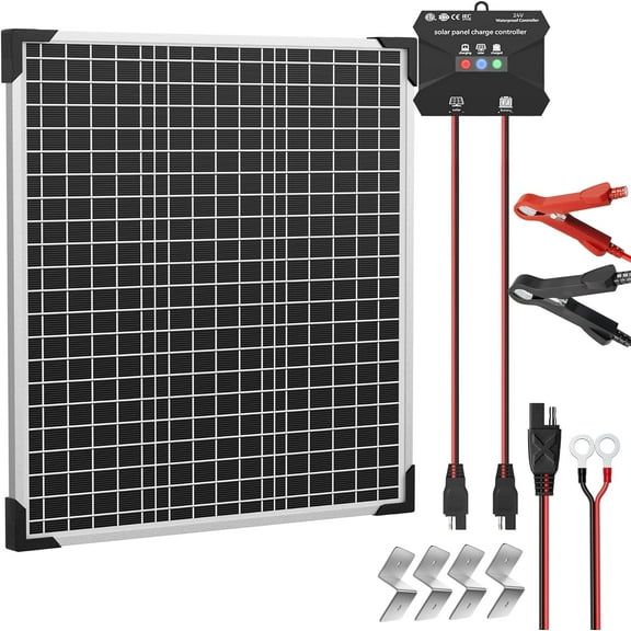 VOLTSET 24V 50W Solar Panel Kit, Solar Battery Trickle Charger Maintainer + MPPT Charge Controller + Adjustable Bracket + SAE Connection Cable, Charge 24V Battery of Car RV Boat Trailer Motorcycle