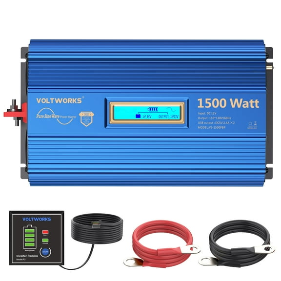 VOLTWORKS 1500 Watts Pure Sine Wave Power Inverter DC 12v to AC 110V-120V with Remote & LCD & 2.4A USB