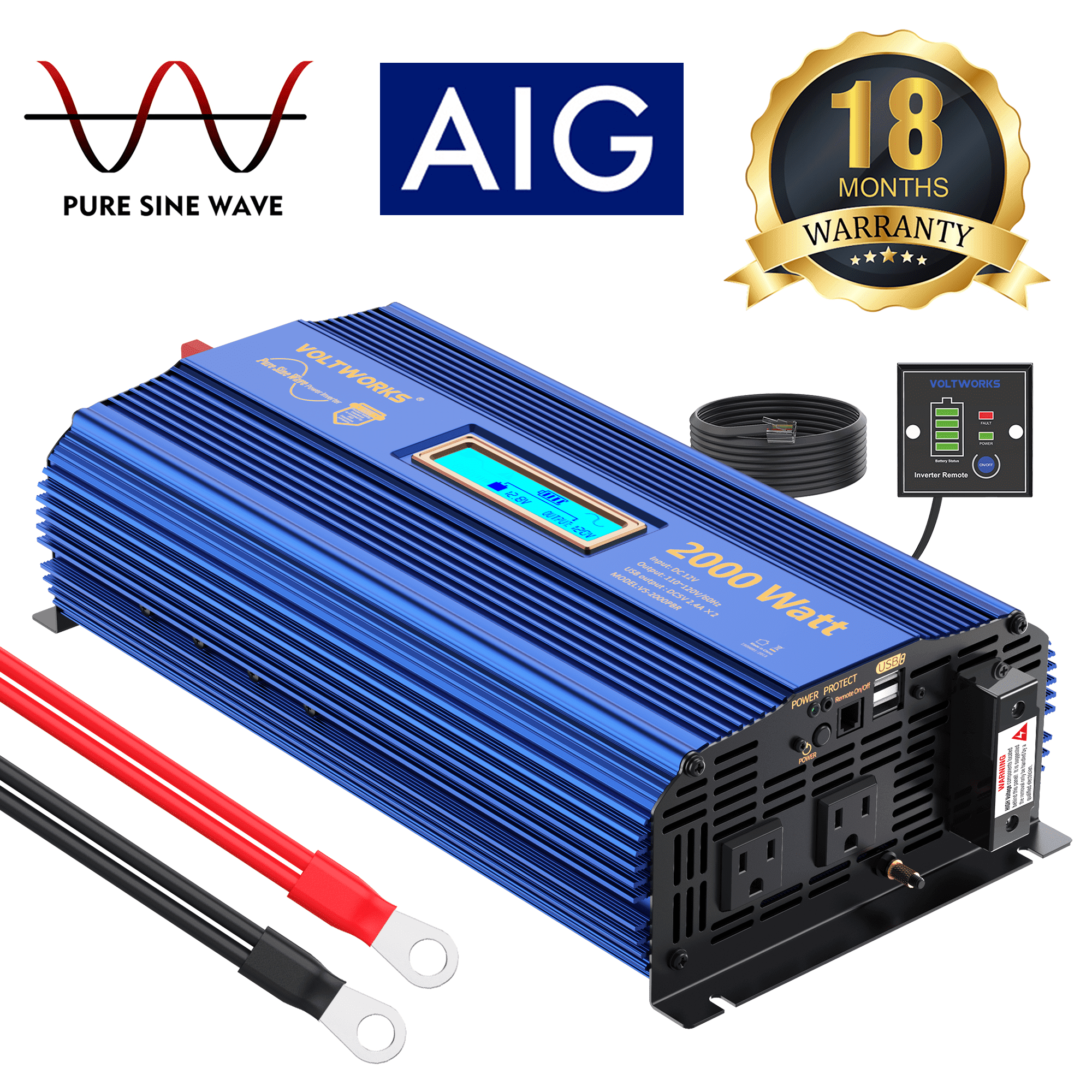 VOLTWORKS Power Inverter 2000Watts Pure Sine Wave Inverter DC 12V to 120V AC with Remote & LCD &Dual USB For Truck Home Solar