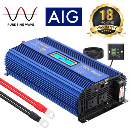VOLTWORKS Power Inverter 2000Watts Pure Sine Wave Inverter DC 12V to 120V AC with Remote & LCD &Dual USB For Truck Home Solar