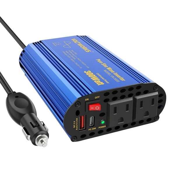 VOLTWORKS Power Inverter 300 Watts Car Pure Sine Wave Inverter DC 12V to AC 110V 120V With Dual 2.4A USB