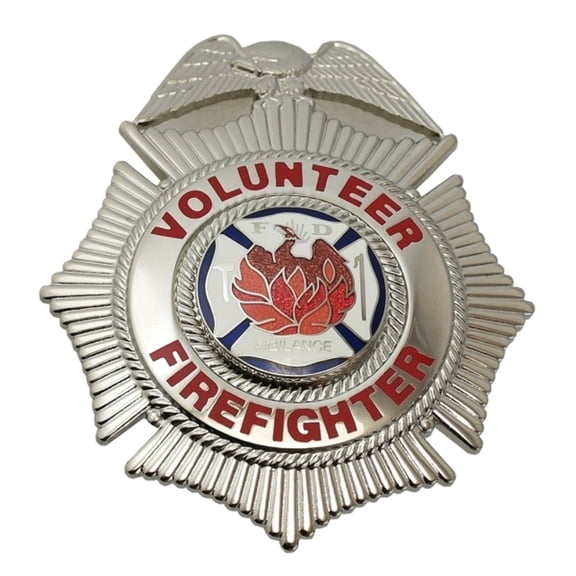 Hero’s Pride Volunteer Firefighter Badge with Phoenix Seal, Enameled & Plated Finish, 2-1/4" x 3-1/8", Silver