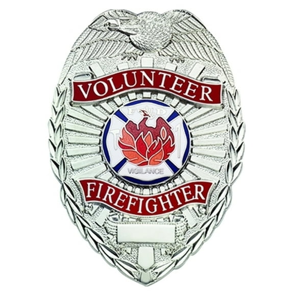 Hero's Pride Volunteer Firefighter Badge with Phoenix Seal, Silver Finish, 2-1/4" x 3-1/8"