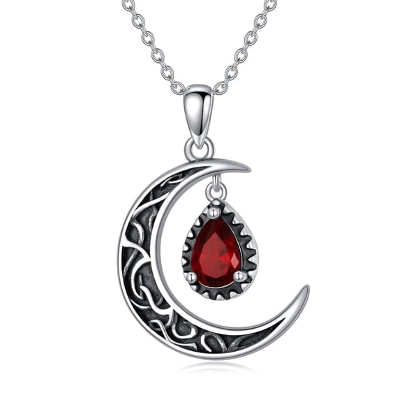 VONALA Crescent Moon Necklace Sterling Silver Emerald/Red/Purple/Black/Rainbow Topaz/Green/Aquamarine/Blue/Moss Agate Celtic Moon Teardrop Necklace Celtic Jewelry Gifts for Women Birthday (Red) C113