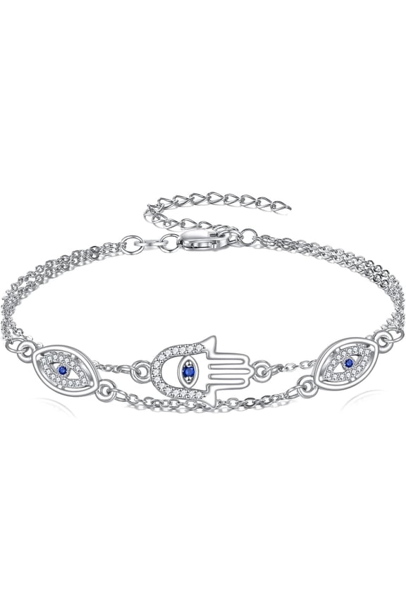 VONALA Evil Eye Bracelet 925 Sterling Silver Hamsa Hand of Fatima Turkish Blue Eye Charm Link Chain Layered Bracelets Religious Protection Jewellery Gifts for Women