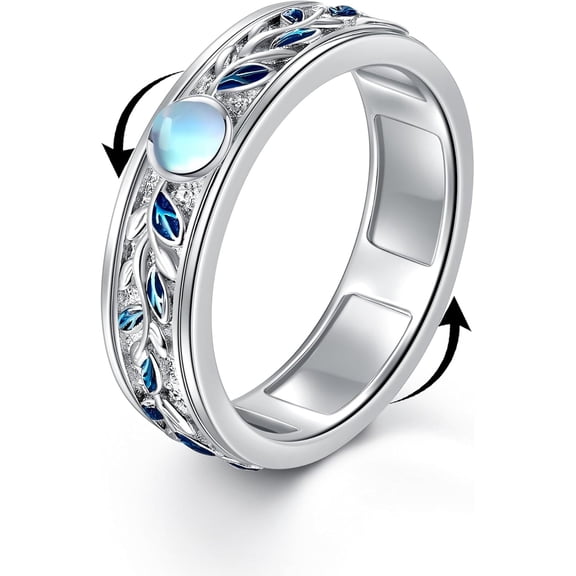 VONALA Moonstone Fidget Anxiety Rings 925 Sterling Silver Leaf Ring for Women Worry Vine Spinner Rings Anti Stress Mood Jewelry Gifts Band Wide 6-10#