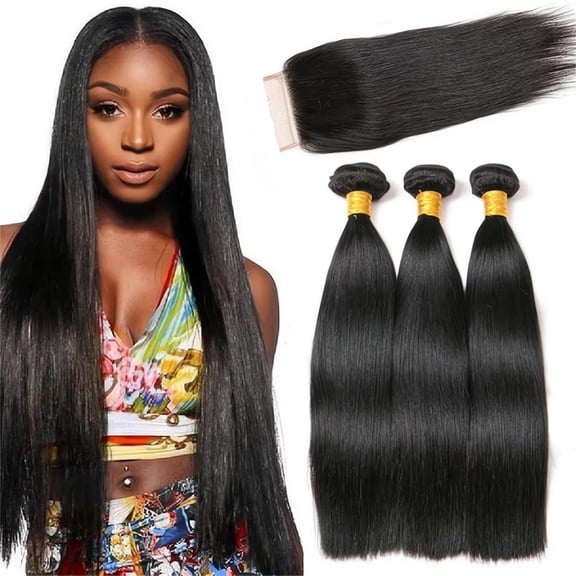VONAR Straight Bundles Human Hair with Closure (18 20 22+16inch) Brazilian Straight Human Hair 3 Bundles with Lace Closure 4x4 Free Part Natural Color