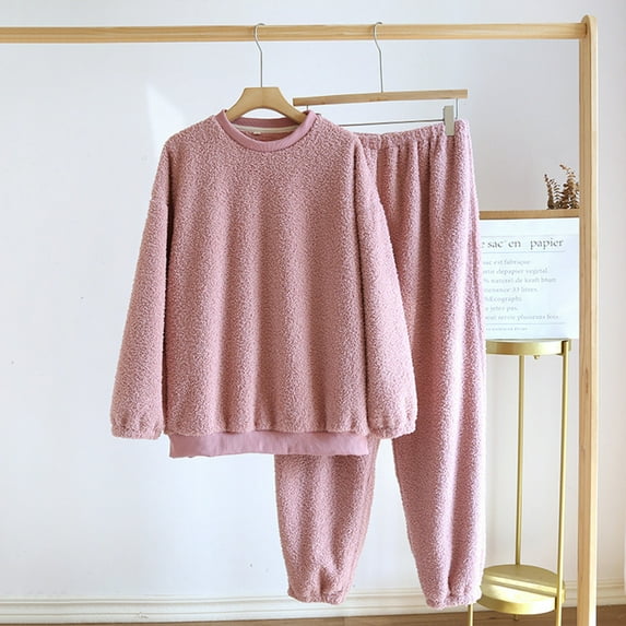 VONCOS Ladies Pajamas Sets- Buttons Lapel Thicken Long Sleeve Soft Loungewear Sleepwear Sets for Women Pink Size L