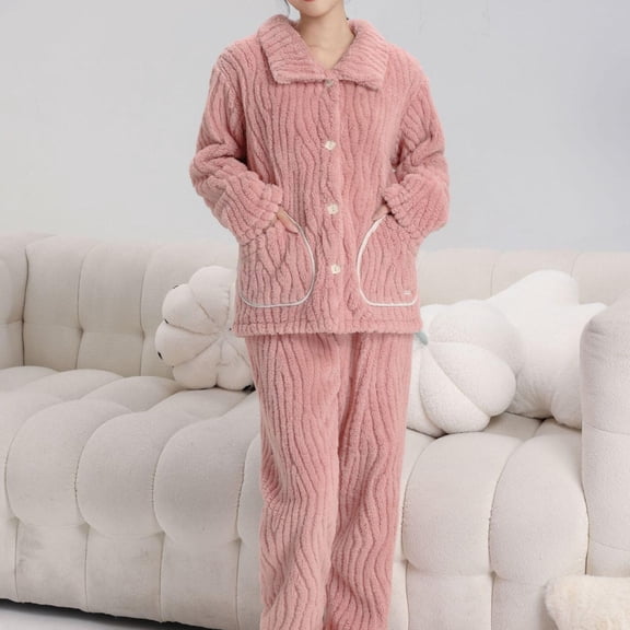 VONCOS Pajamas for Women Comfortable Soft Coral Fleece Thickening Warm Cardigan Pajamas Suit Set Winter Solid Color Lapel Long Top Pants Pajama Set Pink Size L