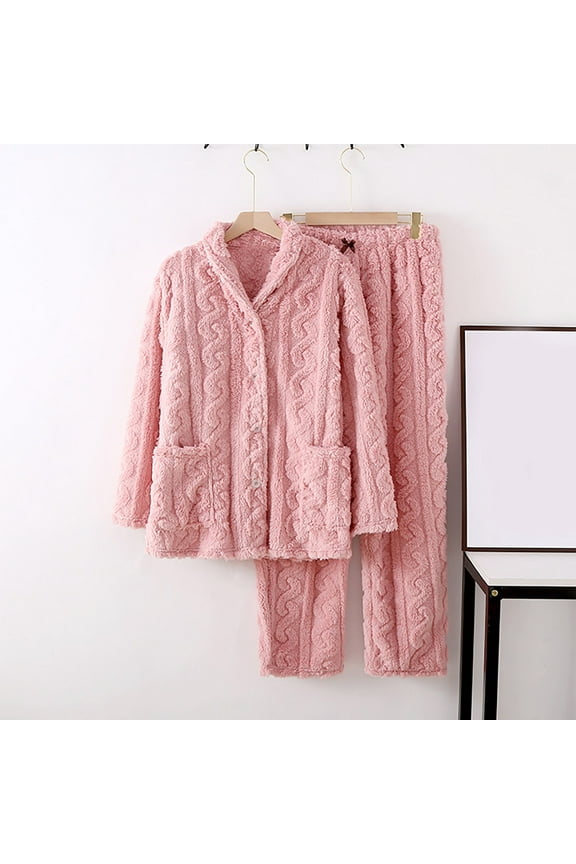 Pajamas for Women Set- Soft Loungewear Lapel Thicken Sleepwear Sets for Women Pink Size L