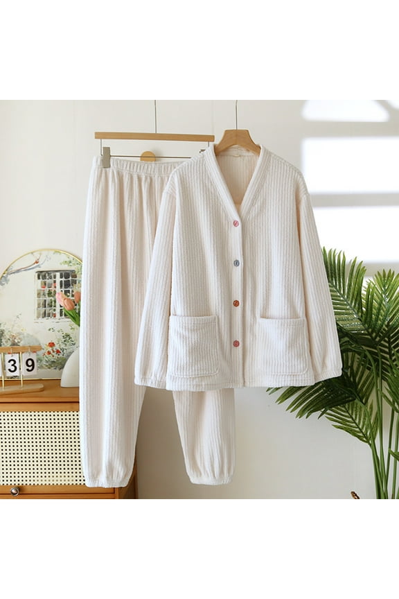 Pajamas for Women V-neck Cardigan Flannel Pajamas Fall Winter Comfy Soft Flannel with Long Pants Sets Beige Size M