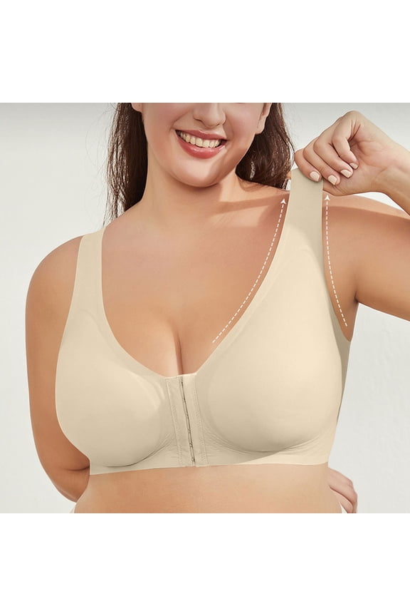 Plus Size Front Closure Bra Wirefree Seamless Full Coverage Comfort Bra for Women Beige,Size 4XL