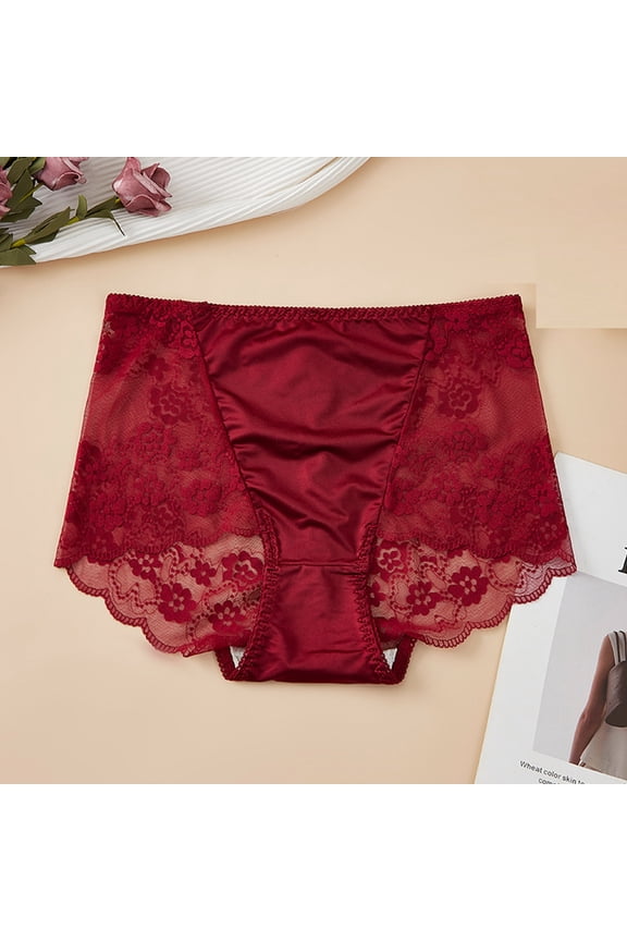 Wine Red Satin Lace High Waisted Briefs – Retro Tummy Control Panties for Women with Cotton Lining – Plus Size L-4X Full Coverage Lingerie,Size XL