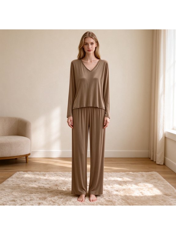 Women Builtin Bra Pajama Set Loose Long Sleeve VNeck Tops and Long Pants Soft Modal Loungewear Sleepwear