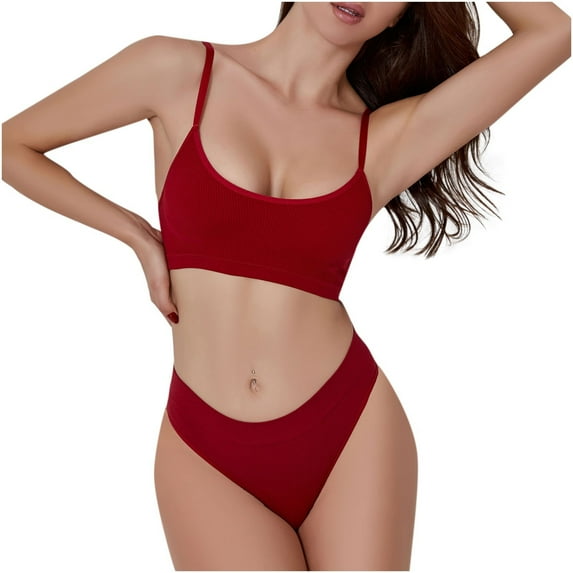 VONCOS Women Push-Up Bra- Solid Color Sling Underwear Red Size L