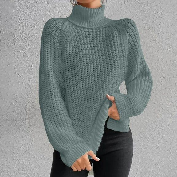 VONCOS Women Sweater- Knit Turtleneck Pullover Long Sleeve Solid Color Outwear Tops Green Size XL