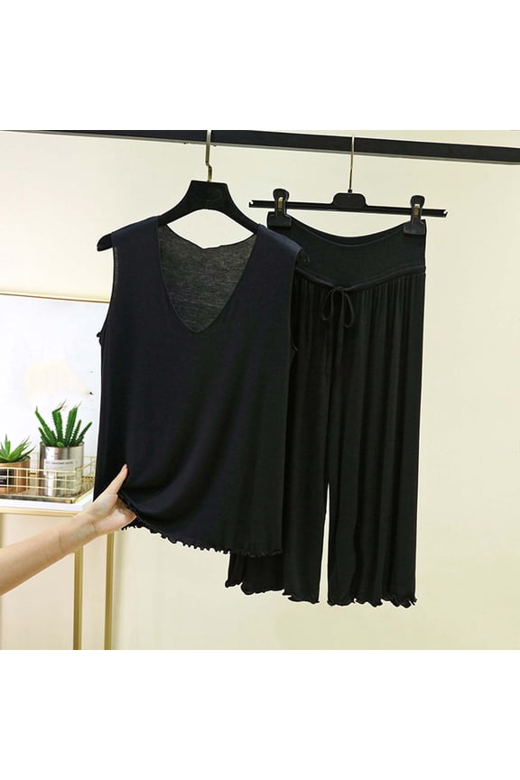 Womens 2 Piece Soft Cotton Pajama Set, Breathable Loungewear Sleepwear with Pockets, Relaxed Fit Comfy Pajamas, Black,Size M