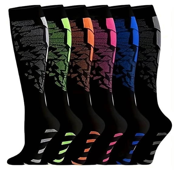 VONCOS Womens 6-Pack Knee High Athletic Socks Moisture Wicking Arch Support for Running Travel Work Nylon Spandex Blend Black Geometric Pattern,Size L