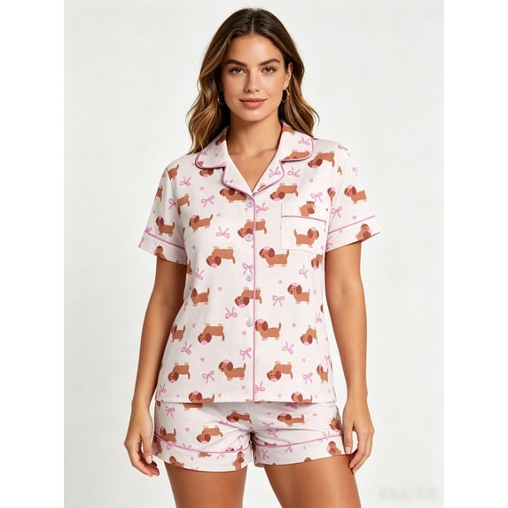 VONCOS Womens Beige Dachshund Print Short Sleeve Pajama Set Soft Lounge Wear Two Piece Sleepwear,Size 2XL
