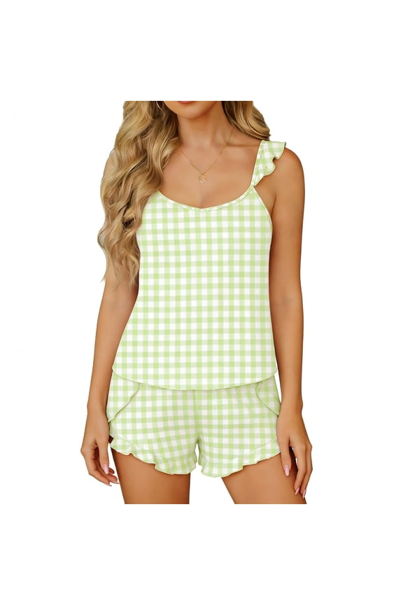 Womens Blue Gingham Ruffle Trim Cami and Shorts Pajama Set - Soft Breathable 2-Piece Lounge Sleepwear,Size 2XL