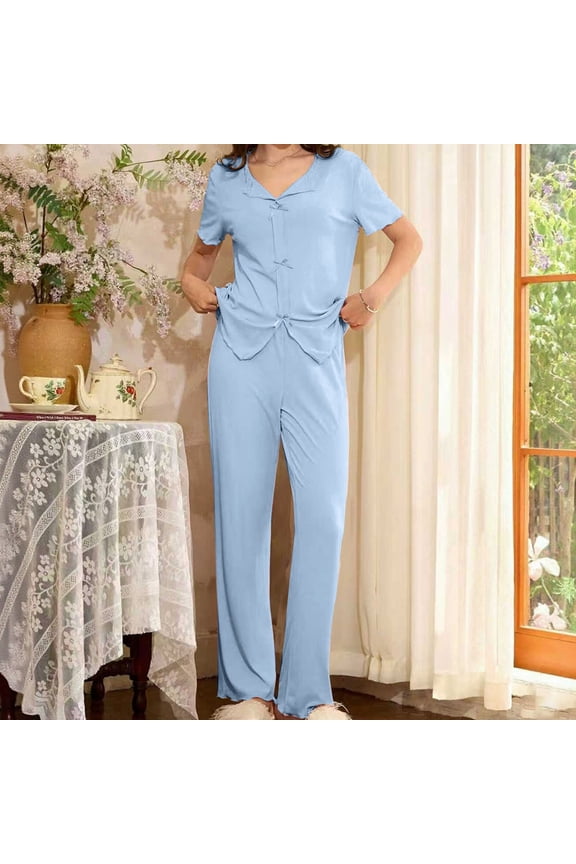 Womens Cotton Knit Pajama Set - Soft Breathable Short Sleeve V Neck Button Down Top & Wide Leg Pants with Drawstring Waist 2 Piece Sleepwear Loungewear Blue,Size M