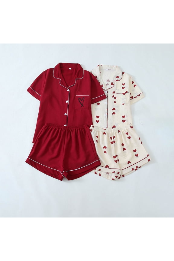 2-Pack Womens Pajama Set Short Sleeve Soft Breathable Button Down Sleepwear Cozy Sleep Tops and Lounge Pants,Red and Beige,Size L