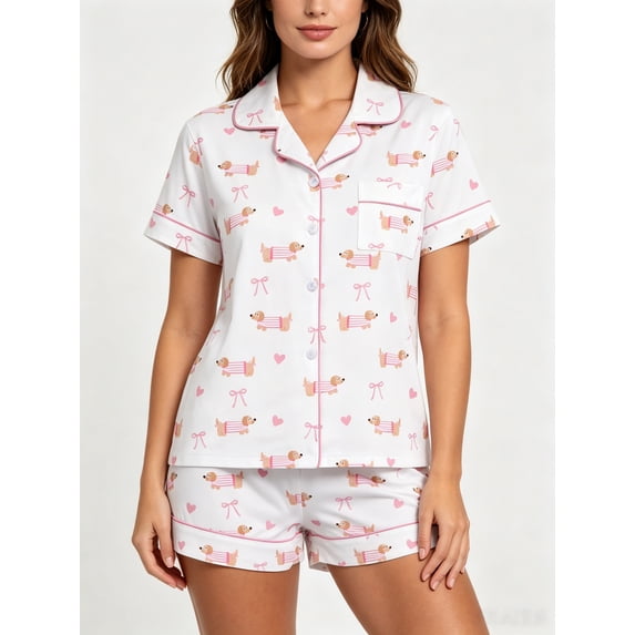 VONCOS Womens Dachshund Print Short Sleeve Pajama Set - Cute 2 Piece Beige Lounge Set with Shorts Soft Breathable Sleepwear,Size XL