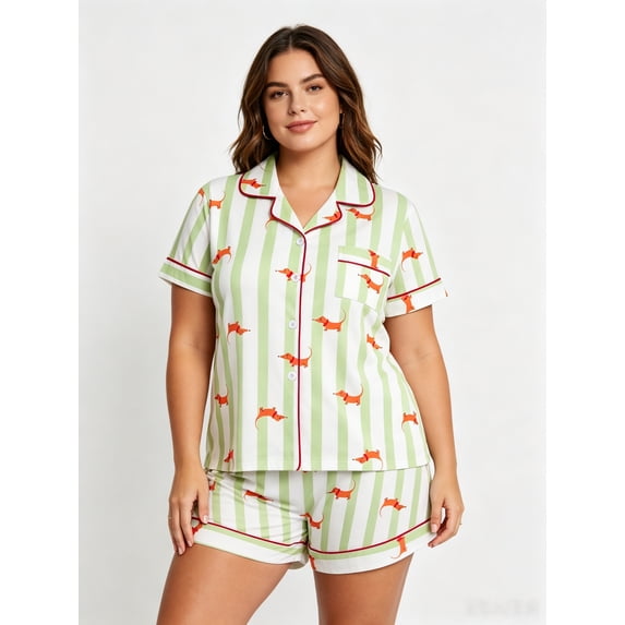 VONCOS Womens Short Sleeve Pajama Sets - Cute 2-Piece Button Down Pj Set with Shorts, Soft Breathable Summer Sleepwear,Green,Size XL