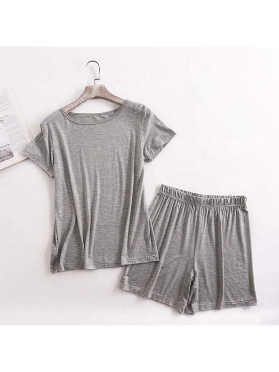 Womens Pajama Set & Loungewear Shorts - Soft Cotton Modal Blend Short Sleeve Top & Elastic Waist Shorts, Comfy Sleepwear 2-Piece Set, Gray,Size M