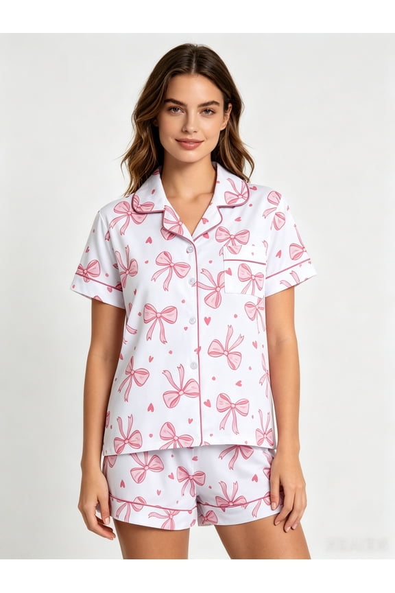 Womens Pink Bow Print Short Sleeve 2 Piece Pajama Set Soft Breathable Sleepwear Lounge Shorts Set,Size 2XL