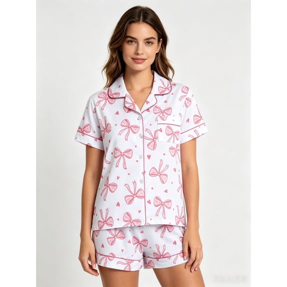 VONCOS Womens Pink Bow Print Short Sleeve 2 Piece Pajama Set Soft Breathable Sleepwear Lounge Shorts Set,Size L