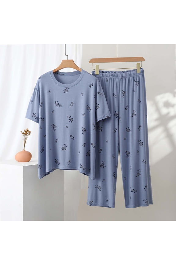 Womens Plus Size Modal Cotton Pajama Set Short Sleeve Crew Neck Wide Leg Pants Soft Breathable Blue[reference:0][reference:1],Size XL