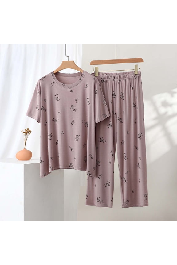 Womens Plus Size Modal Cotton Pajama Set Short Sleeve Crew Neck Wide Leg Soft Breathable Rose Print Khaki,Size XL