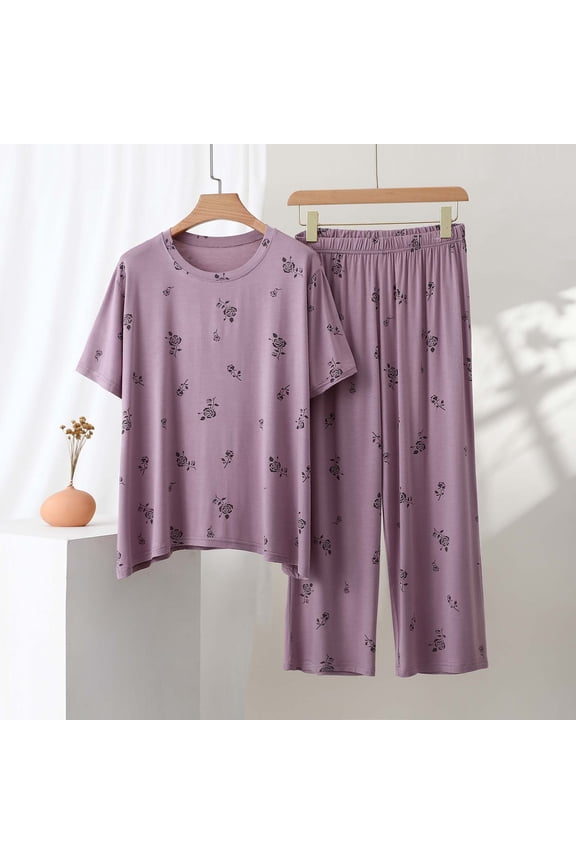 Womens Plus Size Modal Cotton Pajama Set Short Sleeve Crew Neck Wide Leg Soft Breathable Rose Print Purple,Size XL