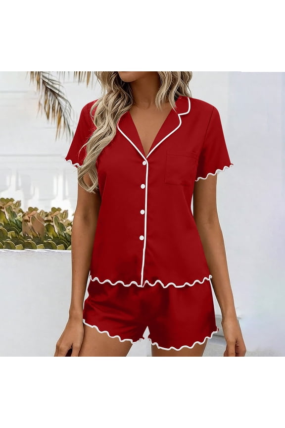 Womens Red Cotton Pajama Set – Soft Breathable 2 Piece Loungewear with Lace Trim, V-Neck Top & Wide Leg Pants,Size 2XL