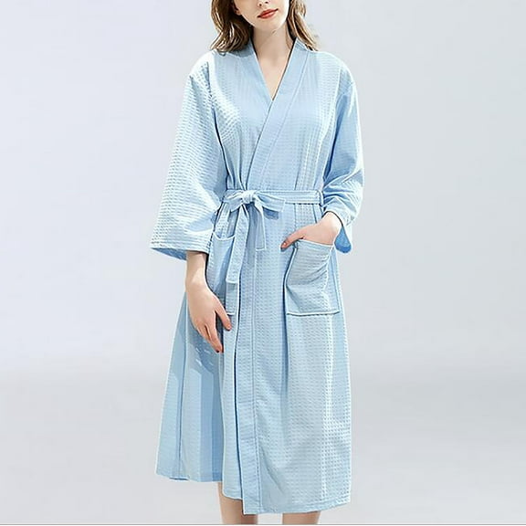VONCOS Womens Robe- Silk Satin Long Sleeve Bathrobe Gowns Sleepwear Sky Blue Size M