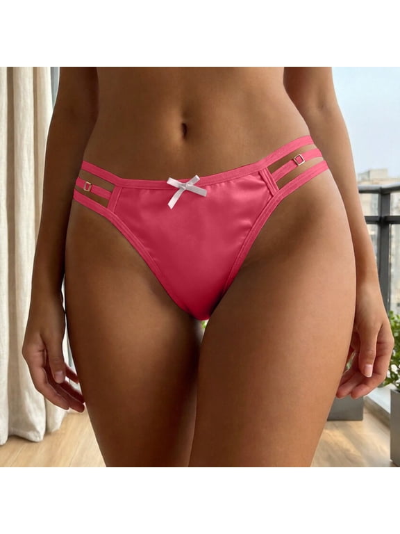 Womens Satin Bikini Briefs Low Rise Strappy Hot Pink Panties Bow Front Seamless Lingerie Underwear Stretchy Soft Daily Wear,Size L