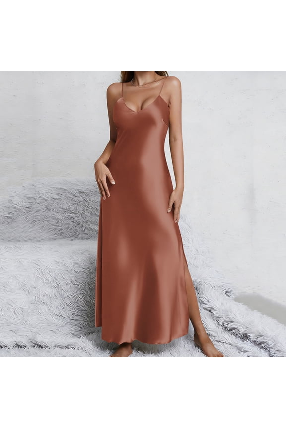 Womens Cozy Nightgown Satin Maxi Slip Dress Long V-Neck Evening Dress with Adjustable Spaghetti Straps Brown,Size S