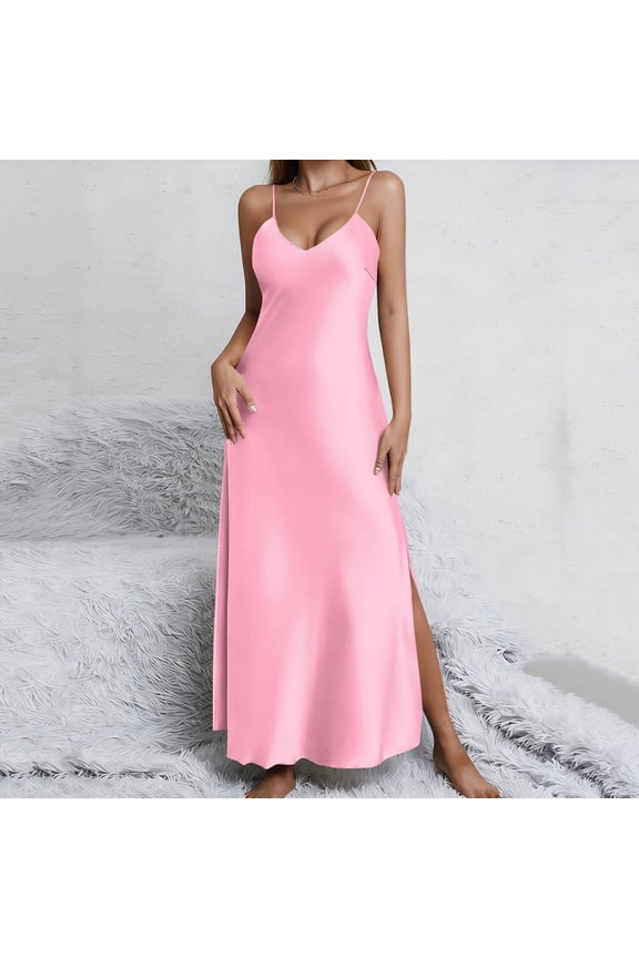 Womens Cozy Nightgown Satin Slip Dress Long Maxi Dress V-Neck with Adjustable Spaghetti Straps & Side Slit Pink,Size S