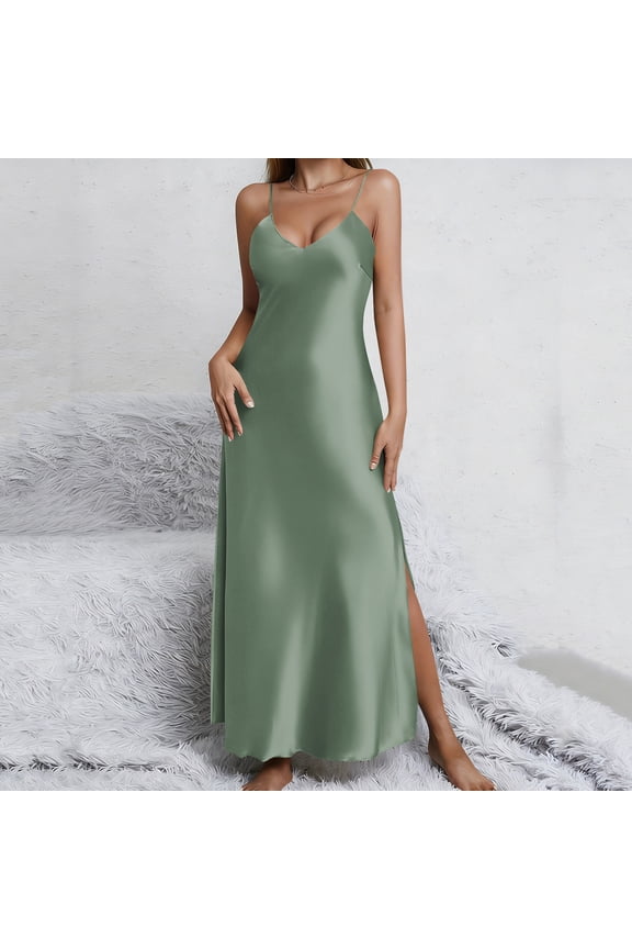 Womens Cozy Nightgown Satin Slip Maxi Dress with V-Neck & Side Slit, Adjustable Spaghetti Strap Long Dress Army Green,Size S