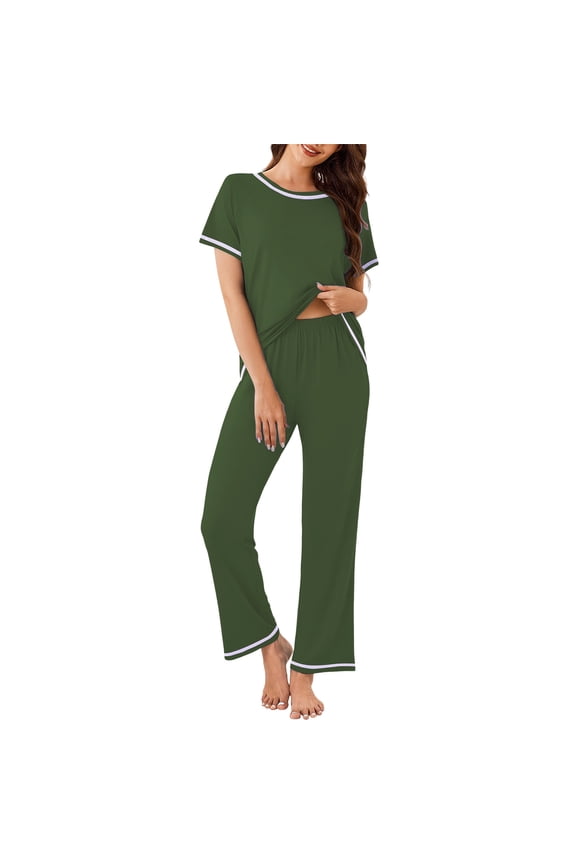 Womens Short Sleeve Pajama Set 2 Piece Buttery Soft Lounge Wear Wide Leg Elastic Waist Army Green S-XXL,Size XL