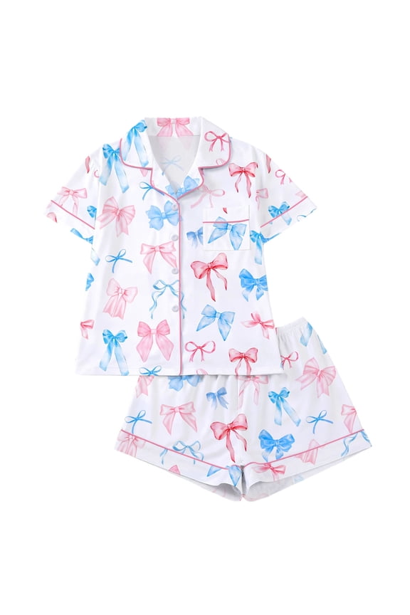 Womens Short Sleeve Pajama Set 2 Piece Soft Breathable Summer Lounge Sleepwear with Shorts Bow Print Multicolor,Size S