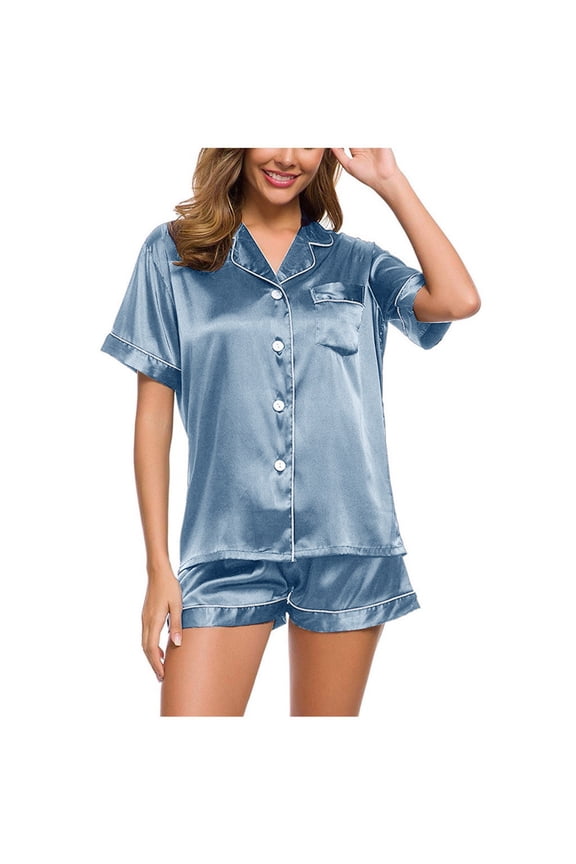 Womens Silk Satin Pajamas Set- Lapel Casual Classic Two-Piece Nightwear Short Sleeve and Shorts Loungewear Solid Color Button Down Pockets Sleepwear Sky Blue Size 2XL