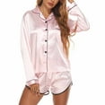 thumbnail image 1 of VONCOS Womens Silk Satin Pajamas Set- Two-Piece Nightwear Solid Color Short Sleeve and Shorts Loungewear Button Down Pockets Lapel Casual Sleepwear Pink Size M, 1 of 7