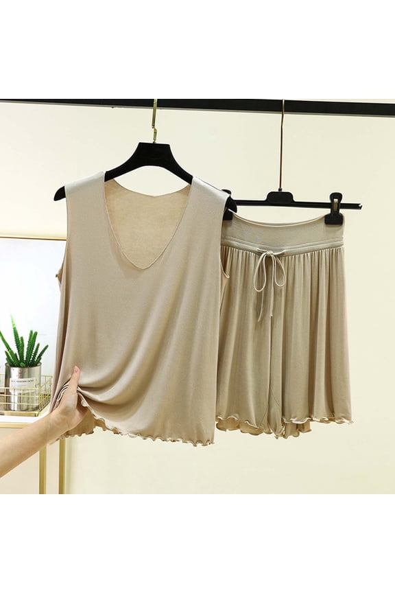 Womens Soft Cotton Pajama Set, 2 Piece Breathable Loungewear Sleepwear, Relaxed Fit Comfy Pajamas for Women, Beige,Size M
