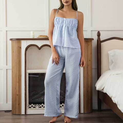 Womens Soft Lightweight Striped Cami Pajama Set Square Neck Ruched Bust Wide Leg Pants 2 Piece Sky Blue,Size M