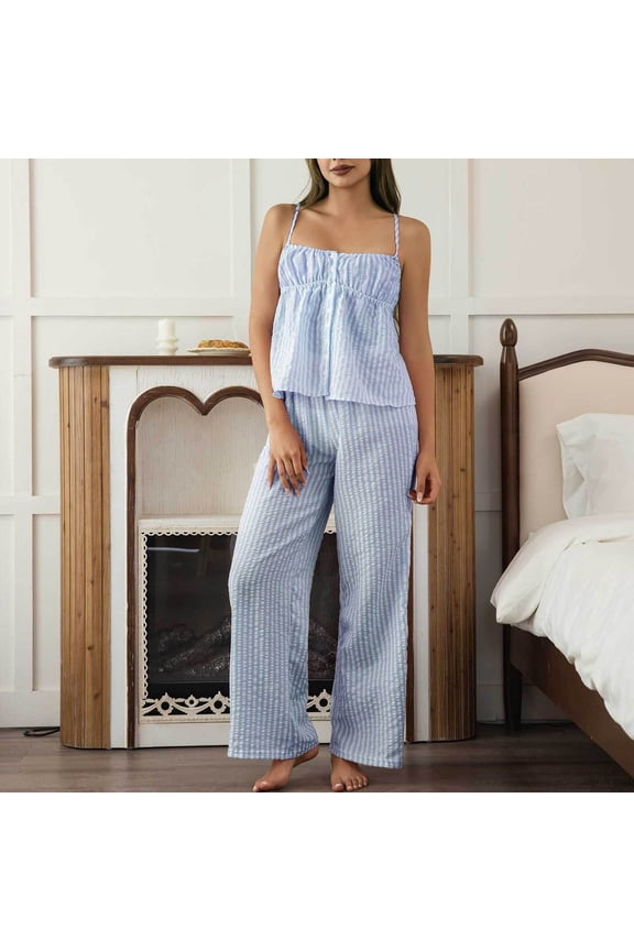 Womens Soft Lightweight Striped Cami Pajama Set Square Neck Ruched Bust Wide Leg Pants 2 Piece Sky Blue,Size XL